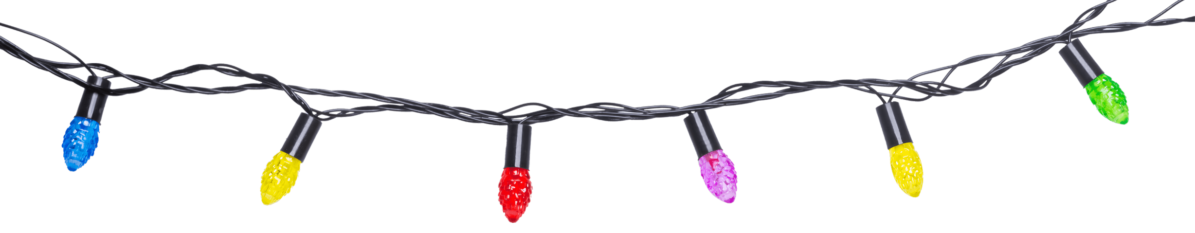 Colorful Christmas light strand with red blue green yellow and pink bulbs