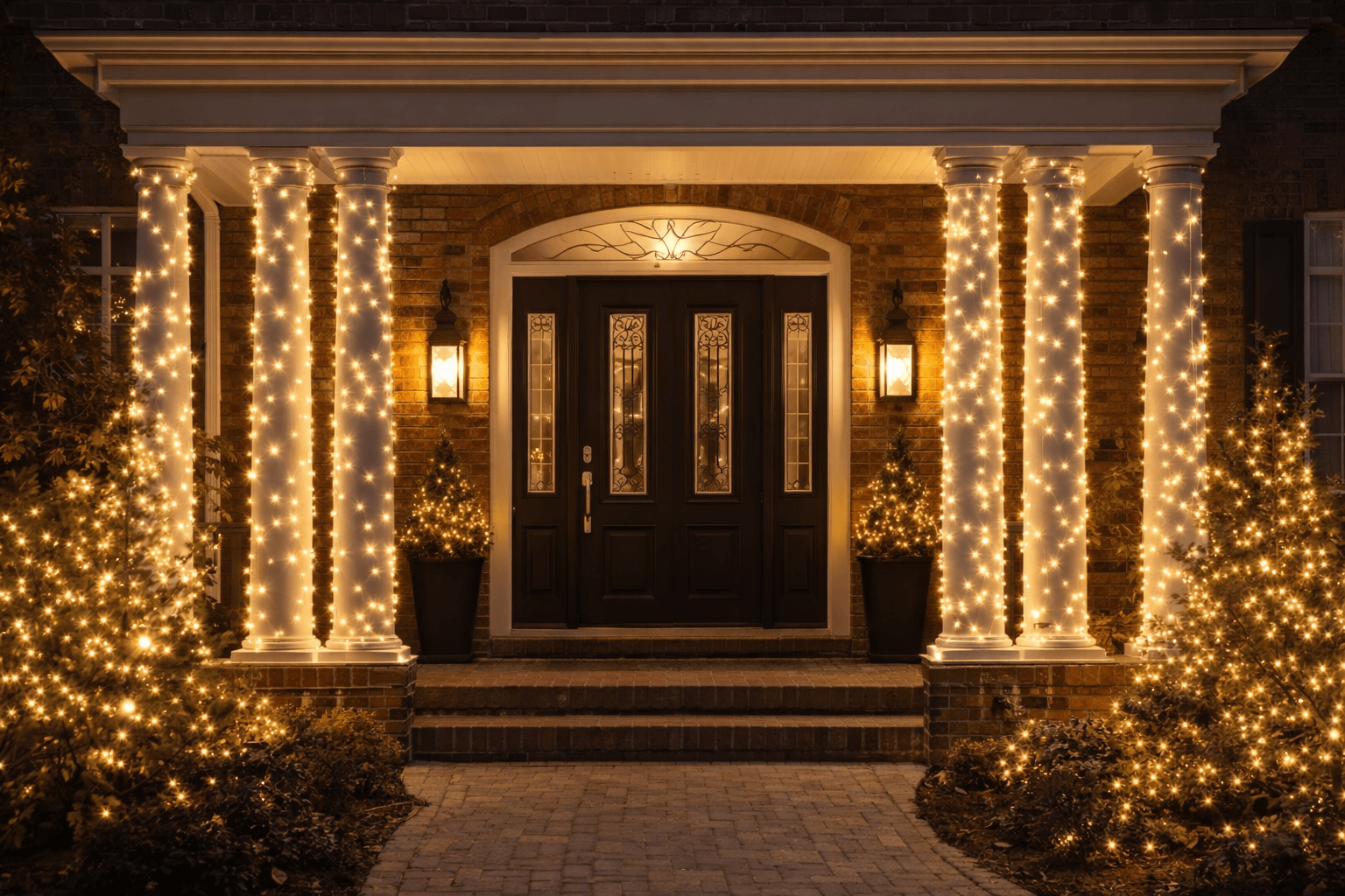 Front entryway columns wrapped with Christmas lights on a home in Denver Colorado