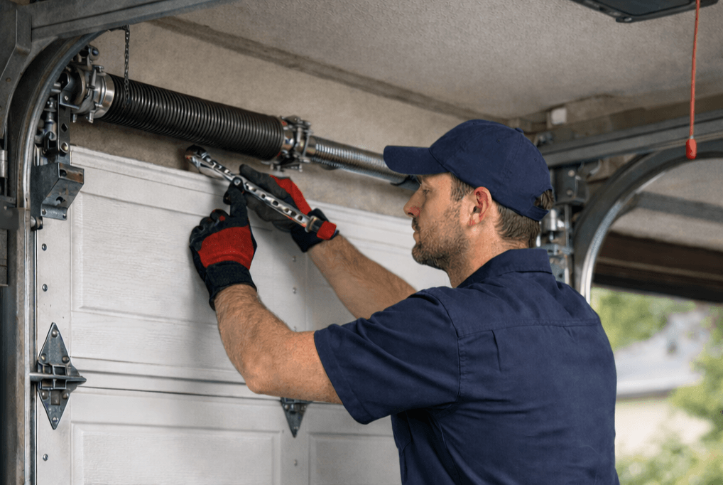 technician repairing residential garage door as part of home repair and handyman services in Denver Colorado