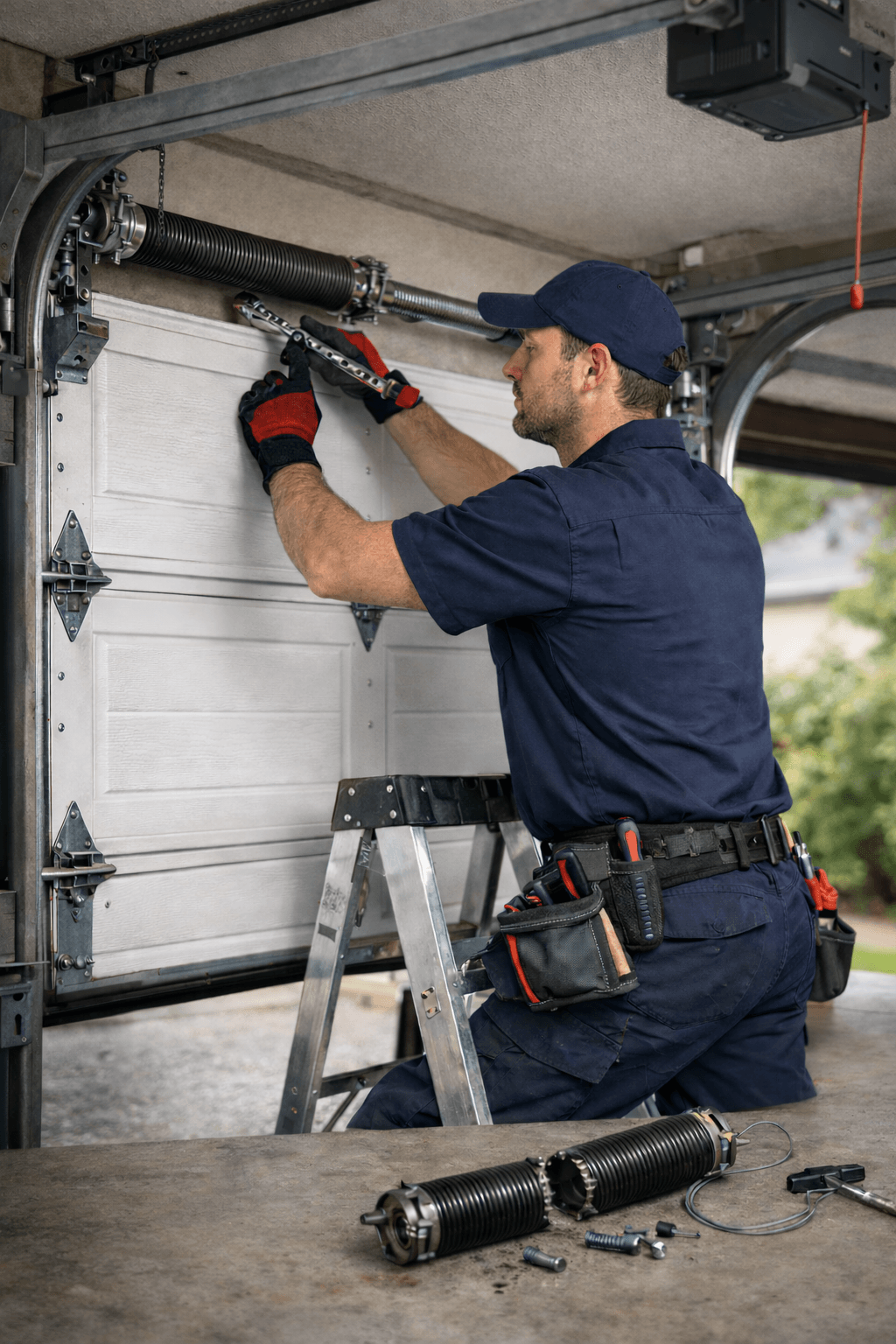 Professional garage door repair technician fixing a torsion spring on a residential garage door in Denver Colorado.