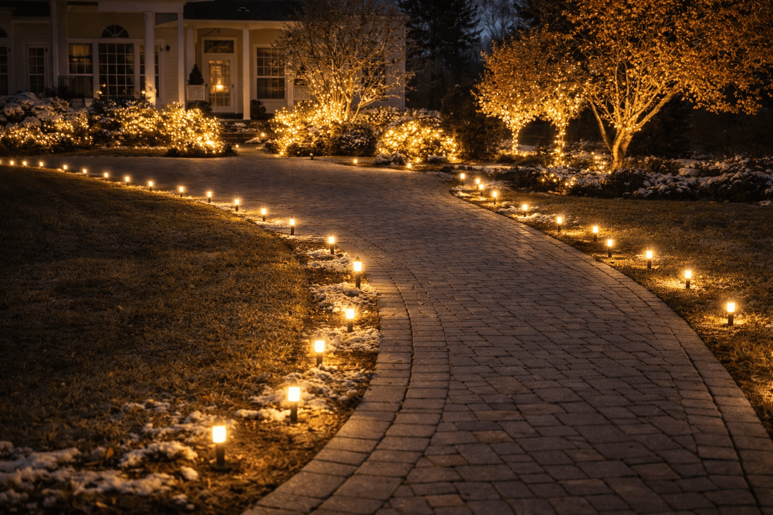 Outdoor pathway lighting with Christmas lights along a walkway leading to a home in Denver Colorado