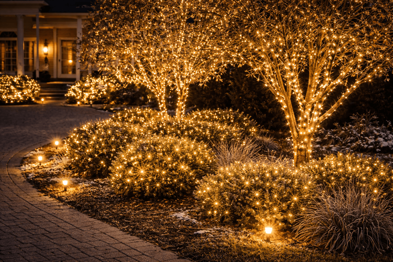 Trees and shrubs wrapped with Christmas lights in a residential yard in Denver Colorado